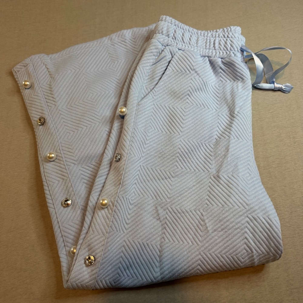 Simply Southern Quilted wide leg Pants Blue Geo Pearl Rhinestone Large NEW